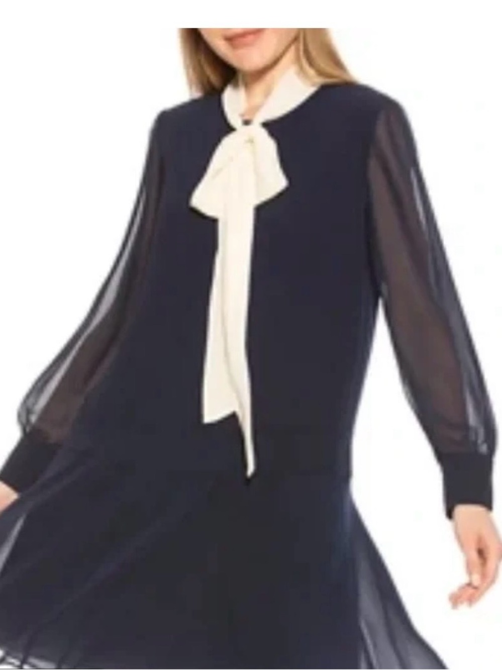 Alexia Admor Navy Long-Sleeve Bow Tie Dress with Ivory Accent